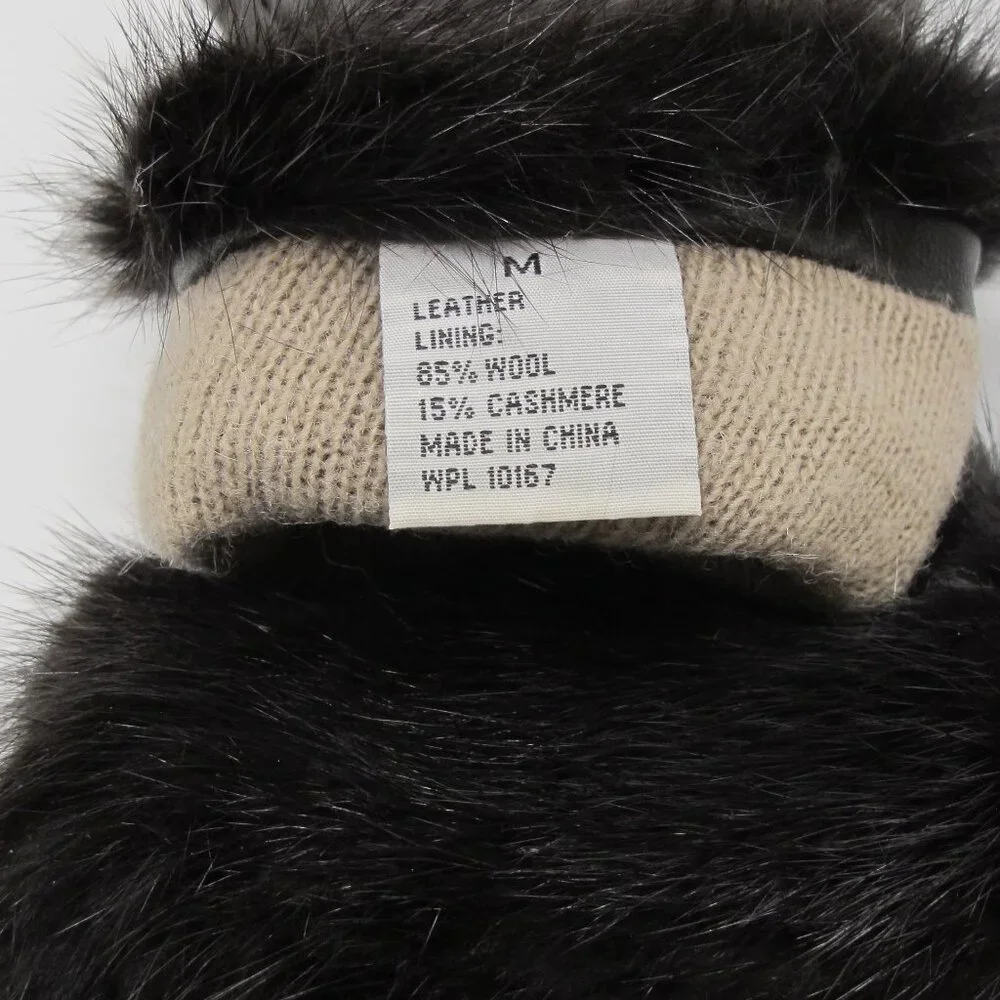 Ladies black leather gloves, cashmere/wool blend lined, mink trimmed M